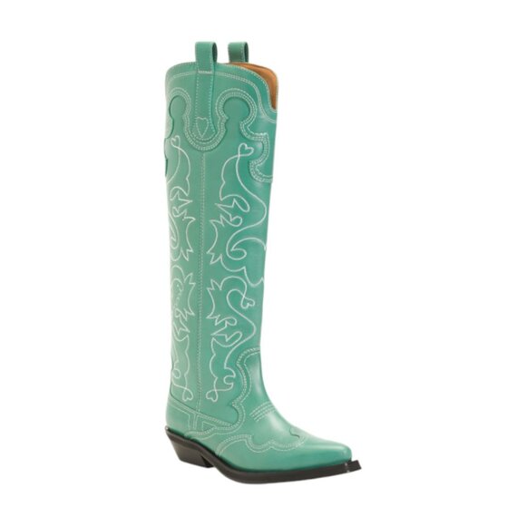 GANNI Bottle Green Made In Portugal Leather Knee High Embroidered Western Boots - Picture 1 of 3